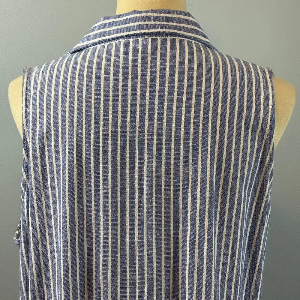 ForCynthia Striped Sleeveless Shirt Button Up Dress Linen Blend Ruched Pocket LG - Picture 5 of 10